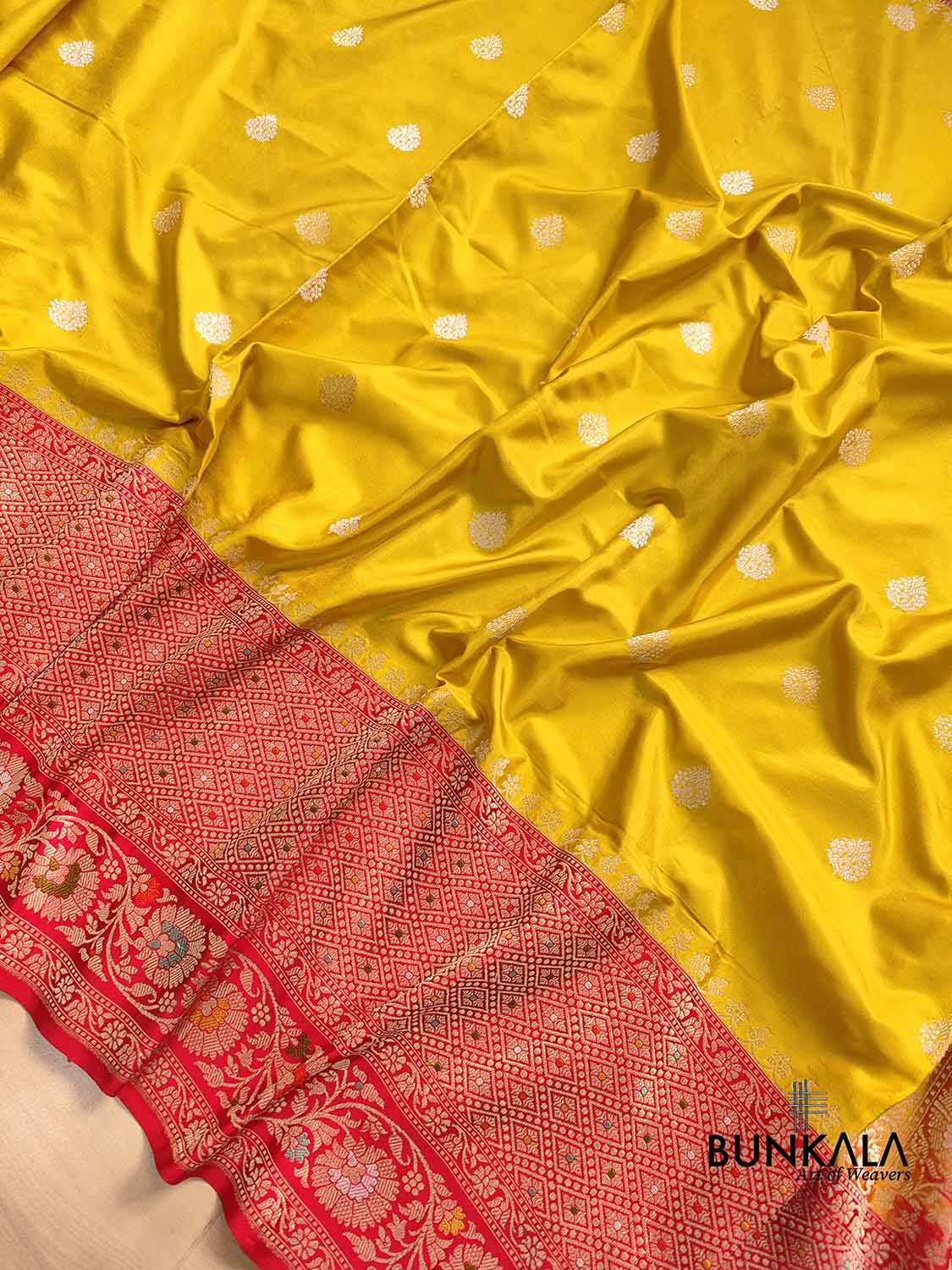 Bright Yellow Pure Katan Silk Double Tana Handloom Banarasi Saree with Red Contrast Meenakari Border