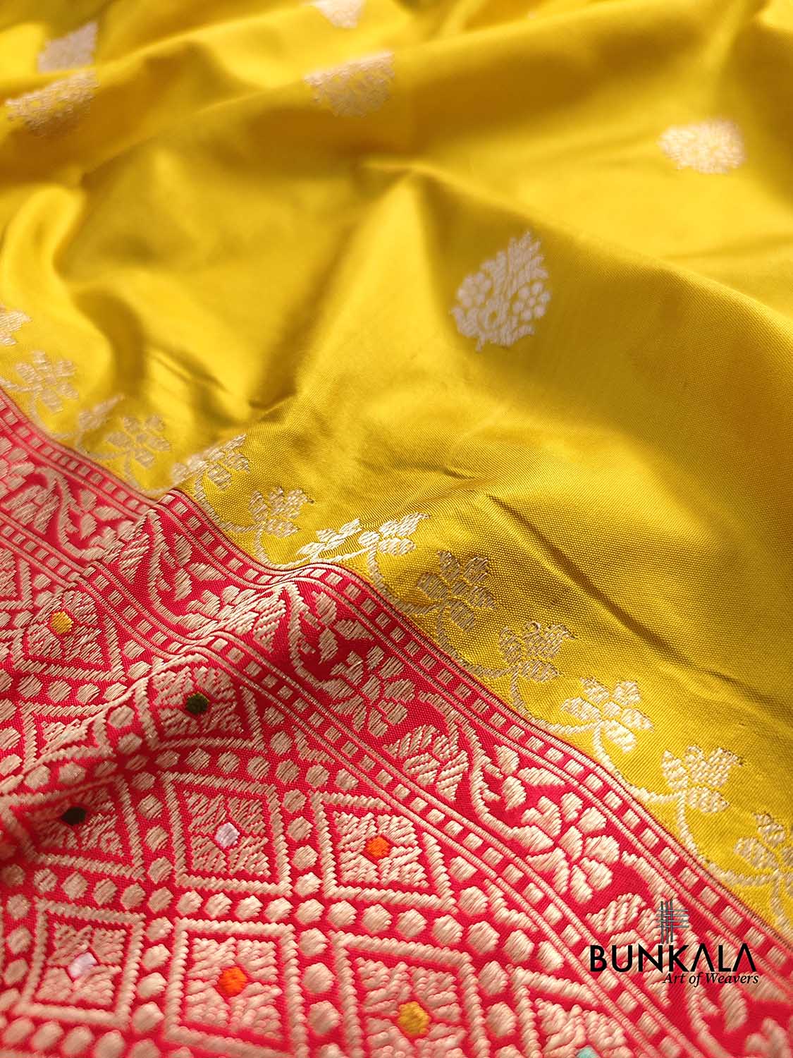 Bright Yellow Pure Katan Silk Double Tana Handloom Banarasi Saree with Red Contrast Meenakari Border