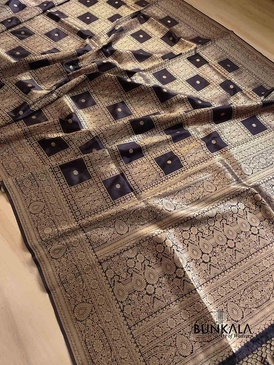 Jet Black Geometrical Big Checks Design Silk Banarasi Saree