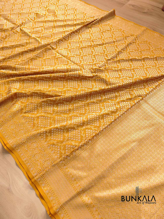 Mustard Yellow Jangla Banarasi Silk Saree