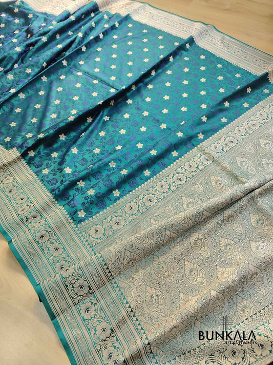 Peacock Blue Floral Jaal Jamewar Weaved Banarasi Soft Mashru Silk Saree