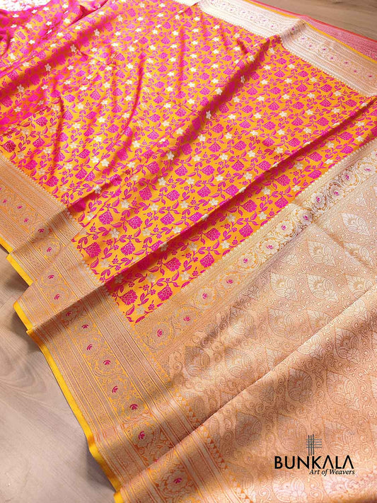 Dual Tone Orange Floral Jaal Jamewar Weaved Banarasi Soft Mashru Silk Saree