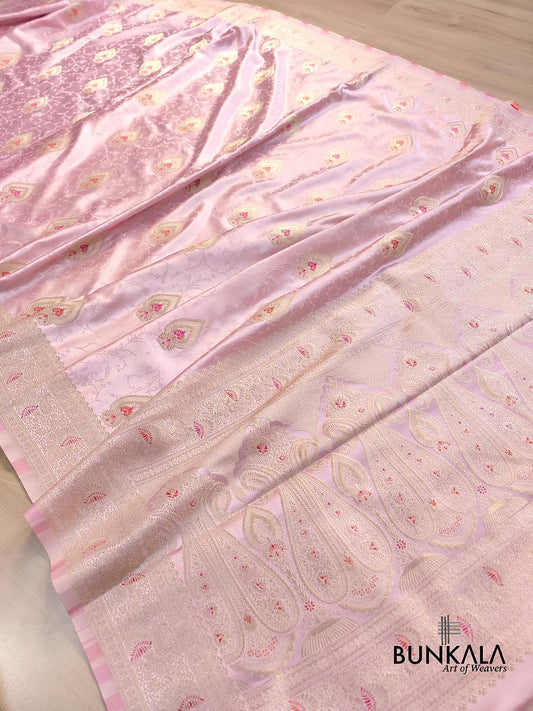 Peach Pink Meenakari Jamewar Weaved Banarasi Mashru Silk Saree