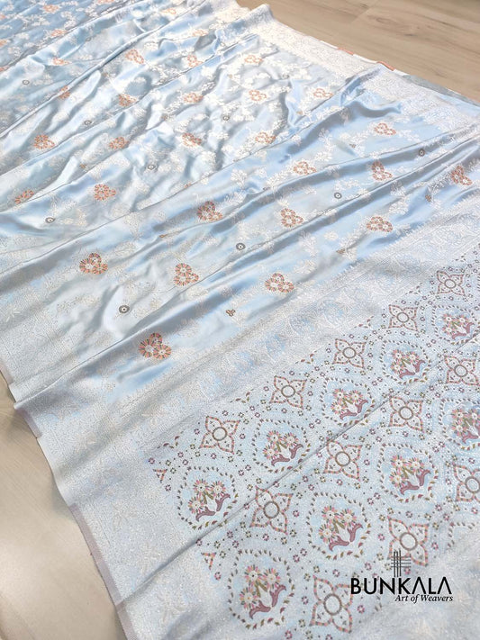 Ice Blue Meena Floral Jaal Weaved Banarasi Mashru Silk Saree