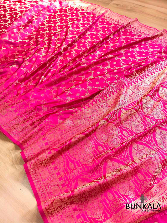 Hot Pink Small Flower Jaal Banarasi Mashru Silk Saree