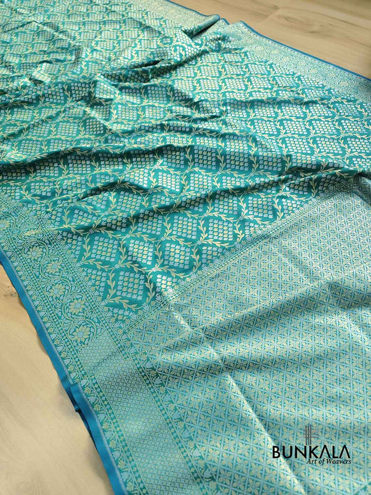 Peacock Blue Jangla Banarasi Silk Saree