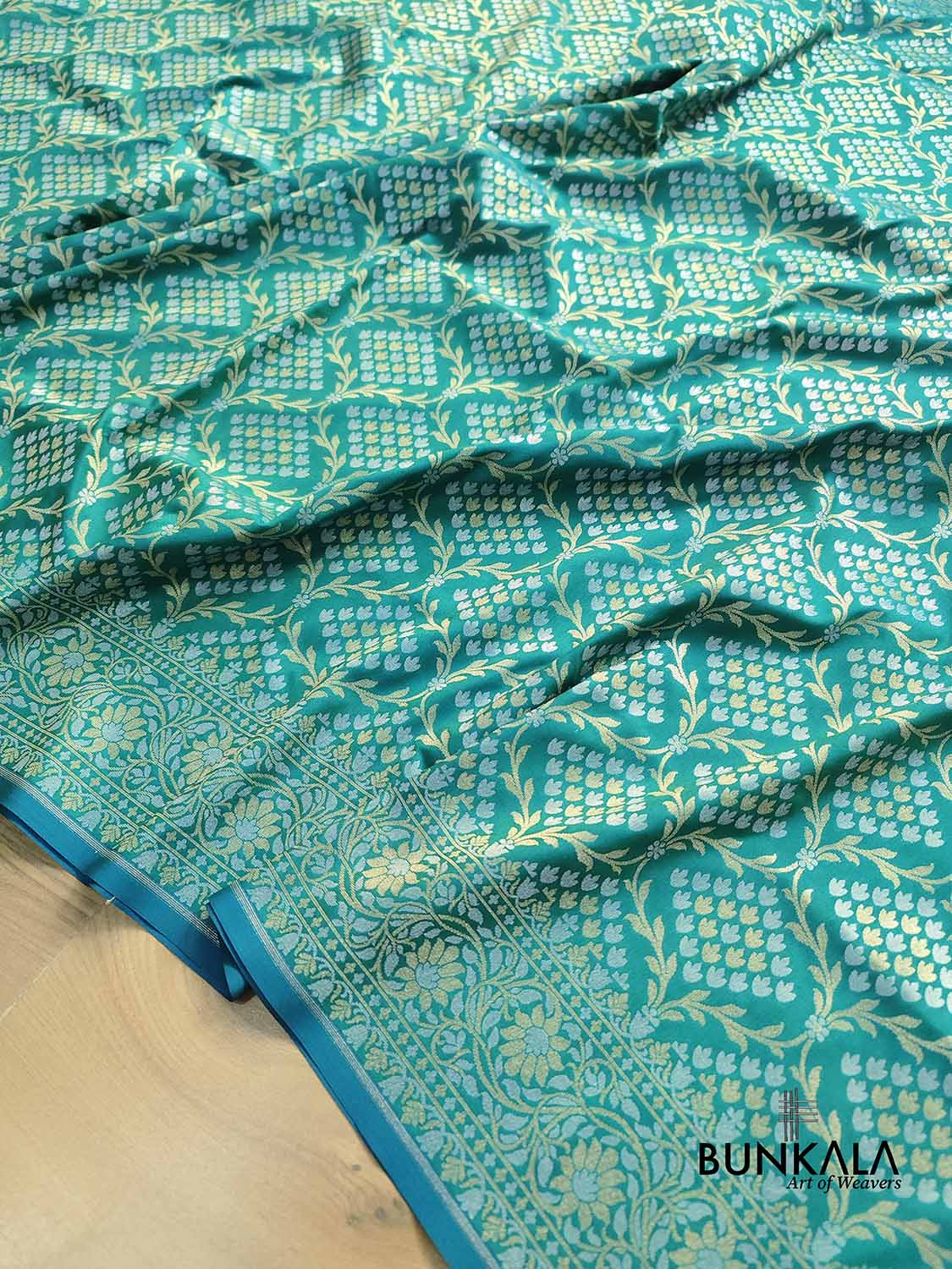 Peacock Blue Jangla Banarasi Silk Saree