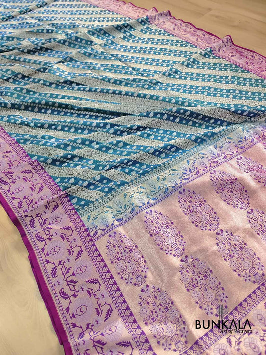 Peacock Blue Stripe Banarasi Silk Saree