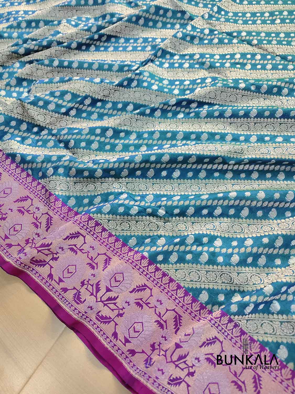 Peacock Blue Stripe Banarasi Silk Saree