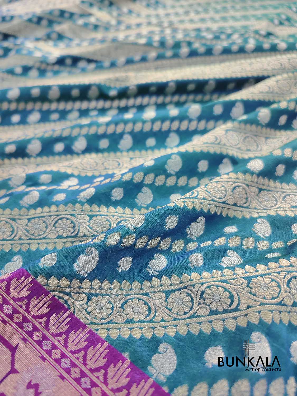 Peacock Blue Stripe Banarasi Silk Saree
