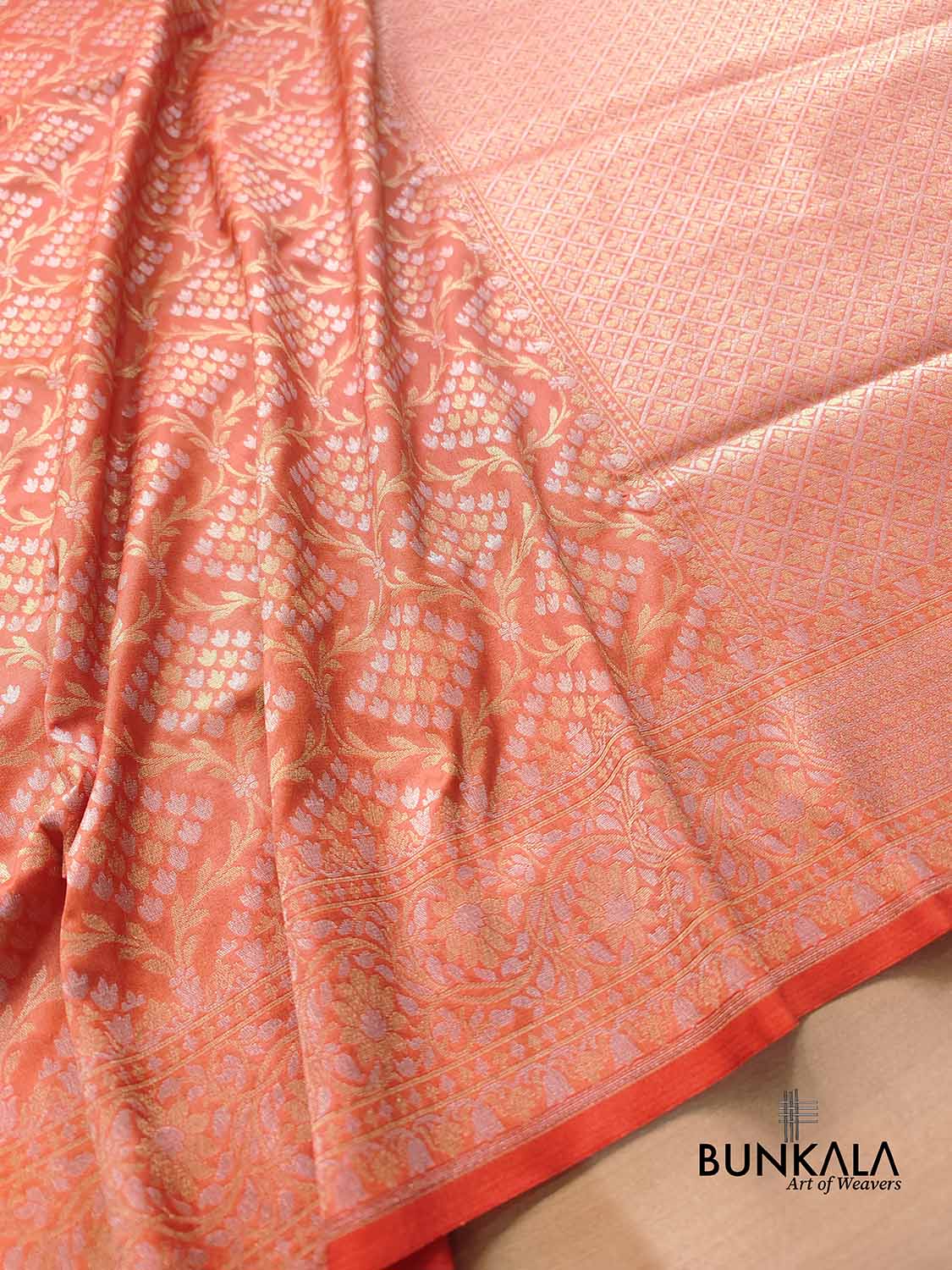 Peach Pink Jaal Banarasi Silk Saree
