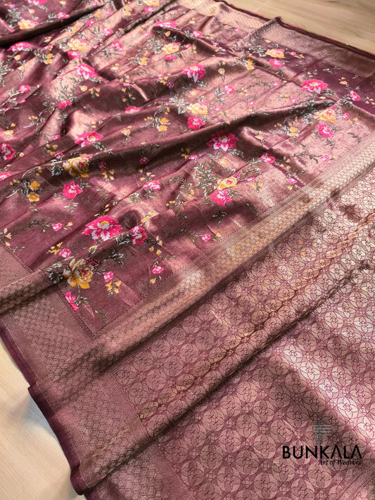 Maroon Minakari Flower jaal Banarasi Resham Silk Saree