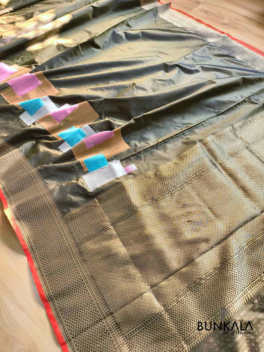 Olive Green Meenakari Geometrical Design Kadwa Handweaved Banarasi Pure Katan Silk Saree