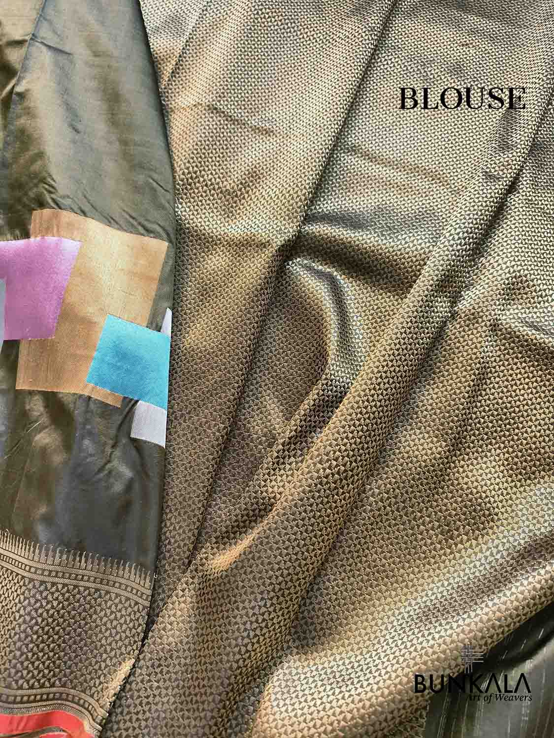 Olive Green Meenakari Geometrical Design Kadwa Handweaved Banarasi Pure Katan Silk Saree