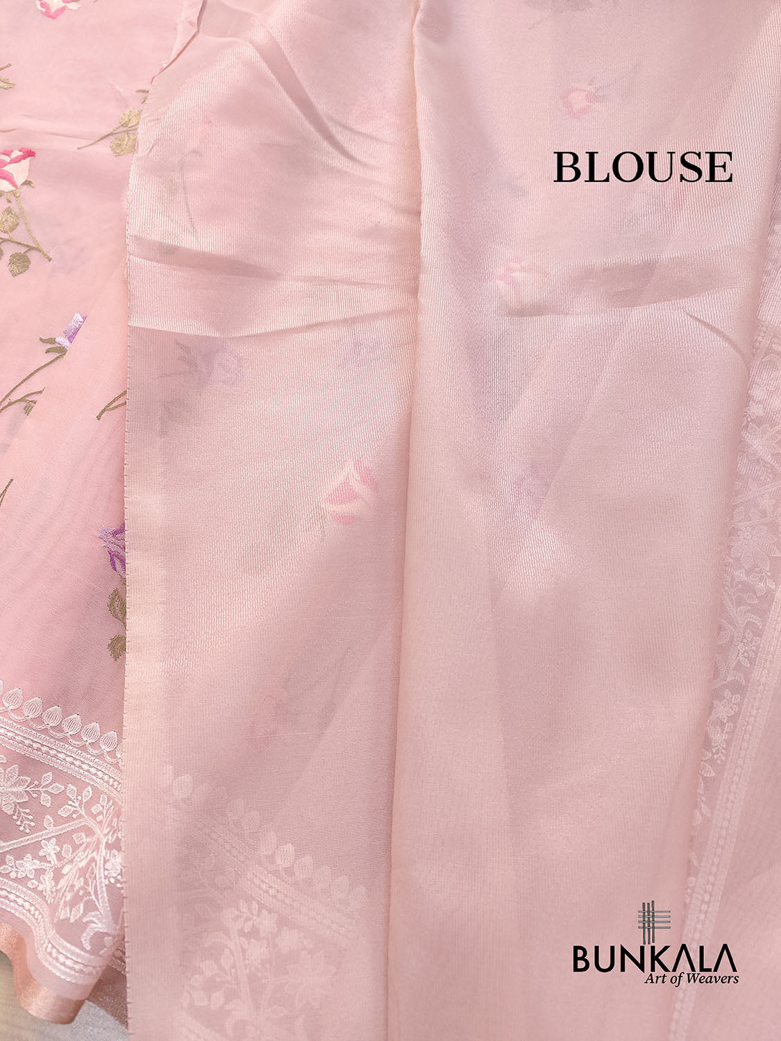 Baby Pink Multicolor Thread Work Rose Design Embroidered Organza Saree