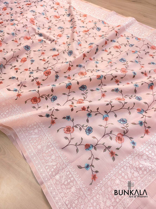 Light Pink Multicolor Thread Work Floral Jaal Design Embroidered Organza Saree