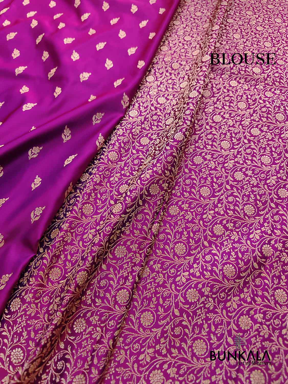 Magenta Pink Floral Buti Weaved Banarasi Mashru Silk Floral Border Saree