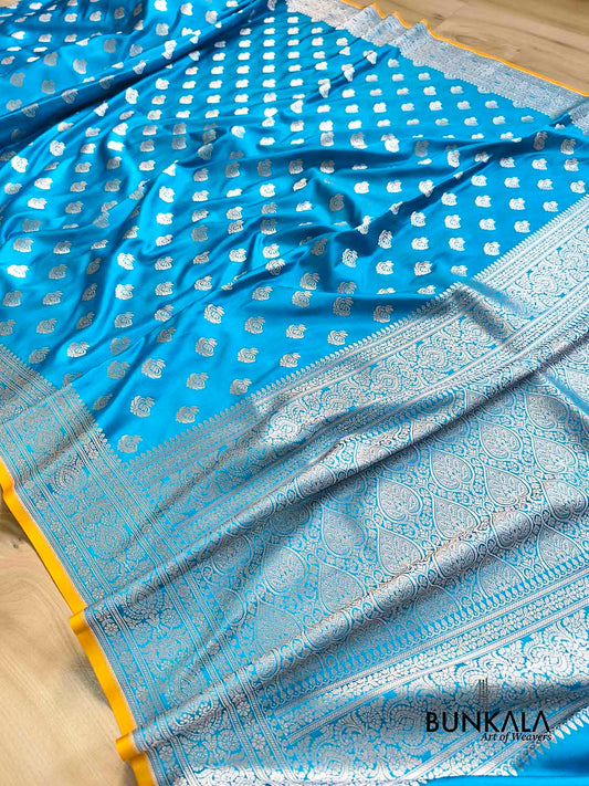 Ocean Blue Small Buti Weaved Banarasi Mashru Silk Saree