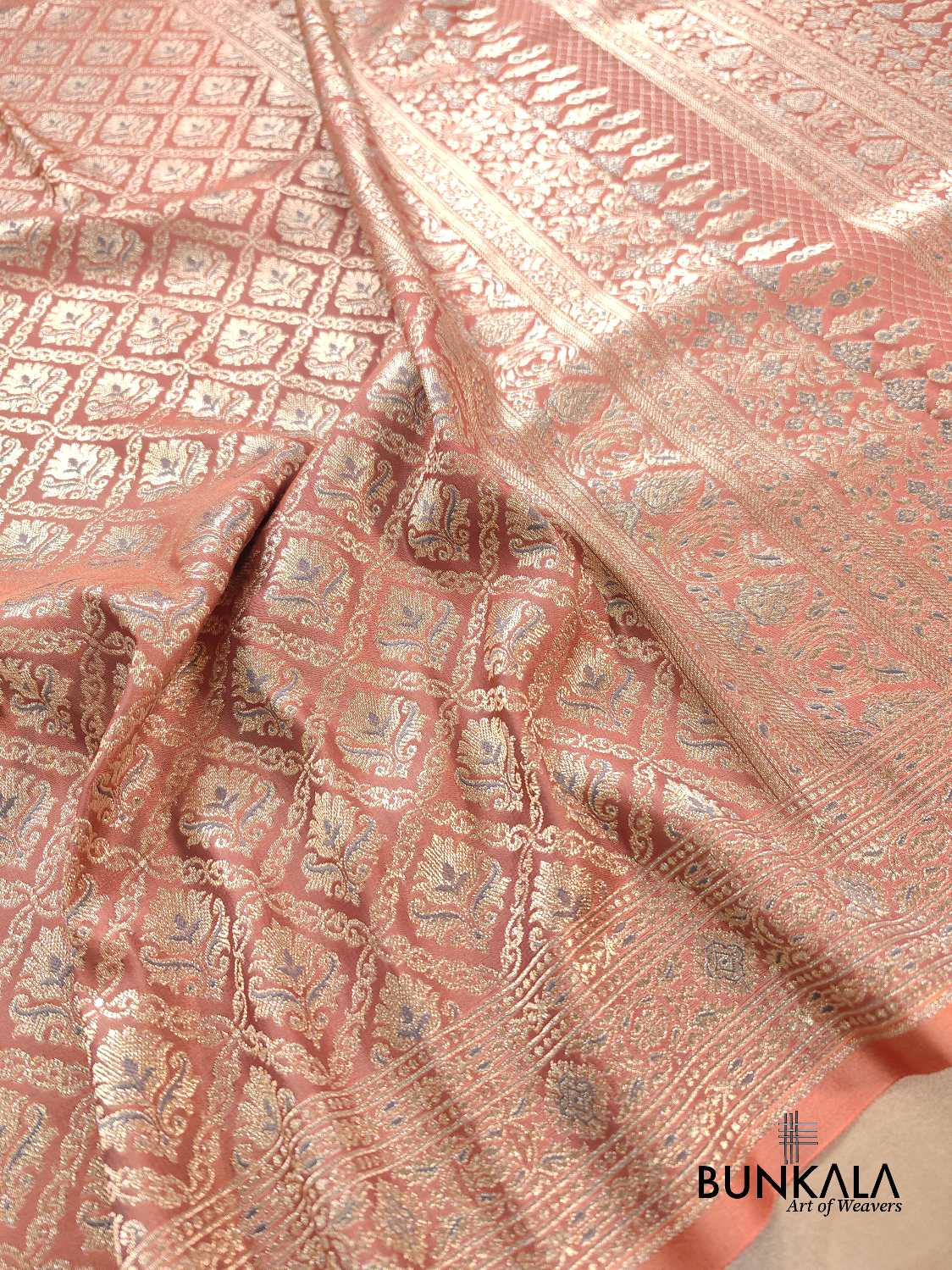 Glimmering Peach Meenakari Brocade Mashru Silk Banarasi Saree