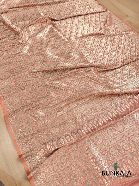 Glimmering Peach Meenakari Brocade Mashru Silk Banarasi Saree