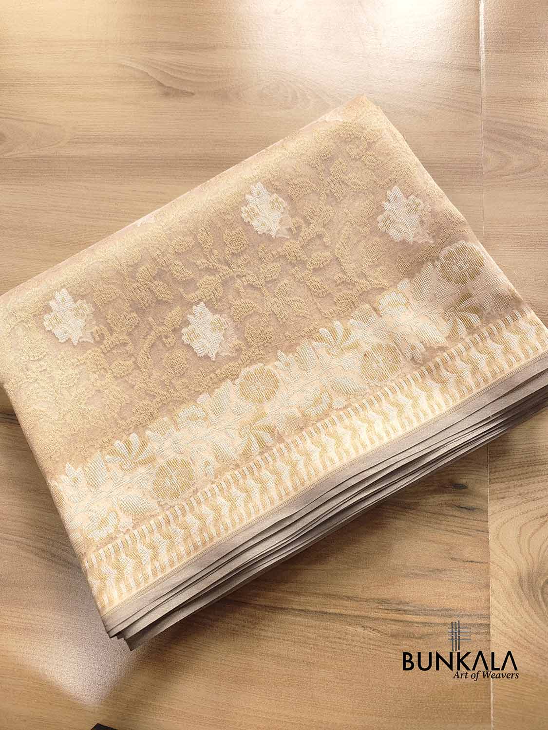 Golden Tissue Silk Floral Buta Jaal Design Resham Handweaved Banarasi Saree