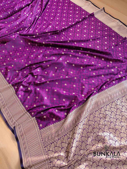 Bright Purple Mashru Silk Patola Design Jamewar Weaved Allover Small Buti Banarasi Saree