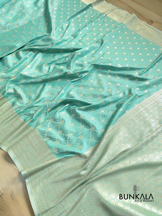 Light Blue Mashru Silk Jamewar Weaved Allover Small Buti Banarasi Saree