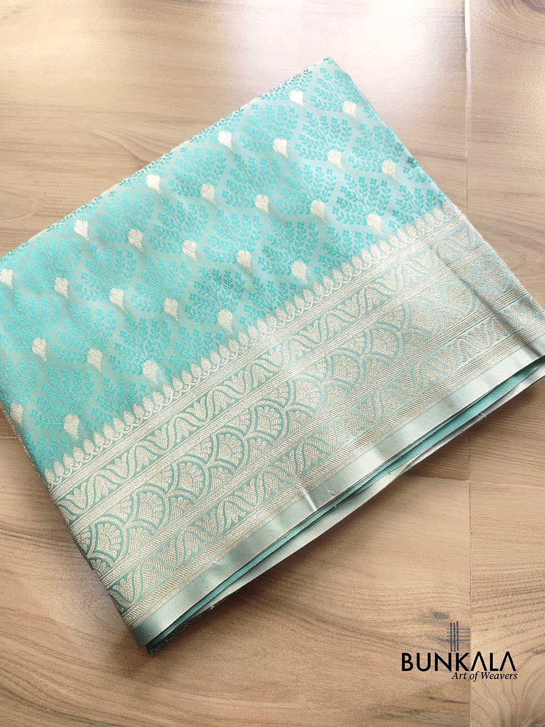 Light Blue Mashru Silk Jamewar Weaved Allover Small Buti Banarasi Saree