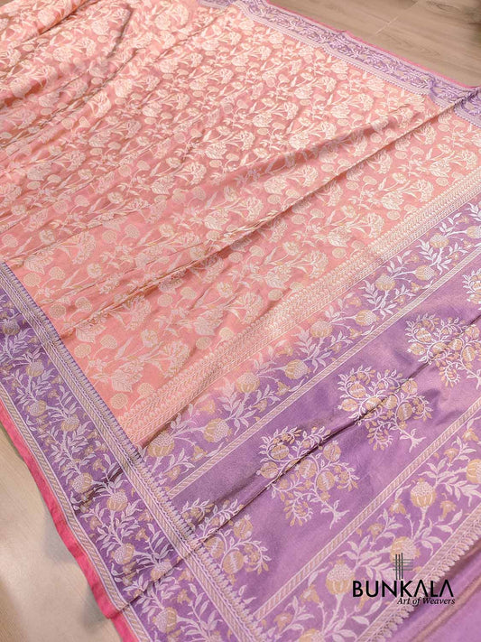 Peach Pink Sona Rupa Jaal Handloom Banarasi Pure Tissue Silk Saree
