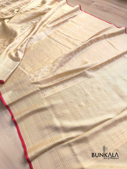 Beige Floral Jaal Ektara Jamewar Hand Weaved Banarasi Pure Mashru Tissue Silk Saree