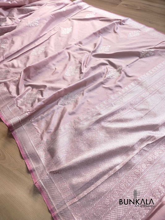 Pastel Pink Silver Zari Ektara Kadwa Hand Weaved Buta Banarasi Pure Katan Silk Saree