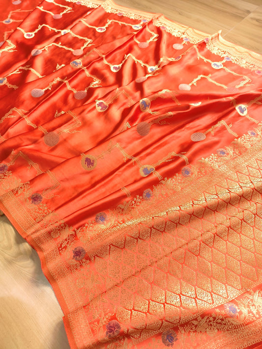 Burnt Orange Shikargha Jaal Design Banarasi Mashru Silk Saree