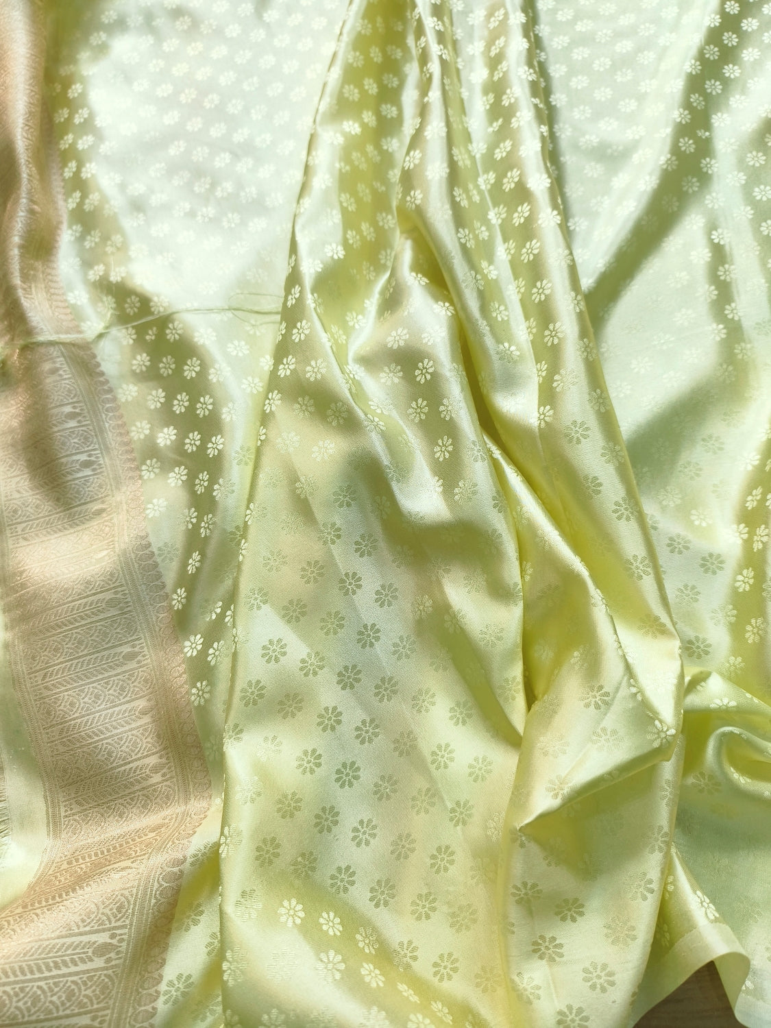 Pastel Green Floral Jaal Tanchui Banarasi Mashru Silk Saree