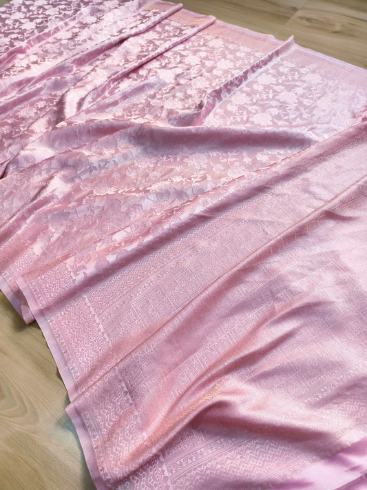 Baby Pink Floral Jaal Tanchui Banarasi Mashru Silk Saree
