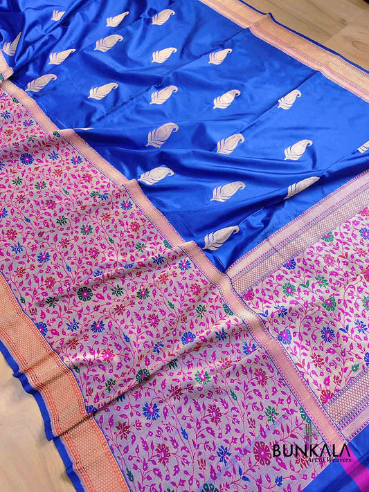 Royal Blue Pure Katan Silk Allover Paisley Buti Double Tana Banarasi Saree with Kadwa Handweaved Big Meenakari Border