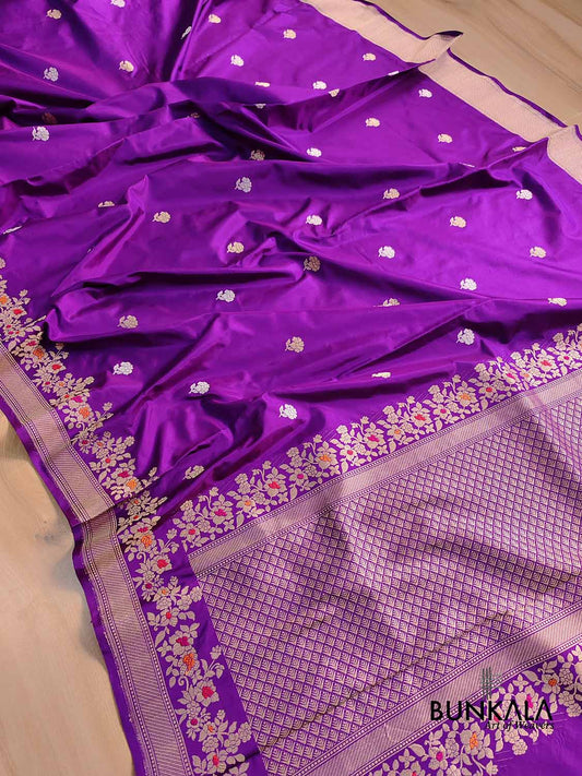 Two Tone Purple Pure Katan Silk Kadwa Handweaved Allover Small Flower Buti Banarasi Saree with Meenakari Border