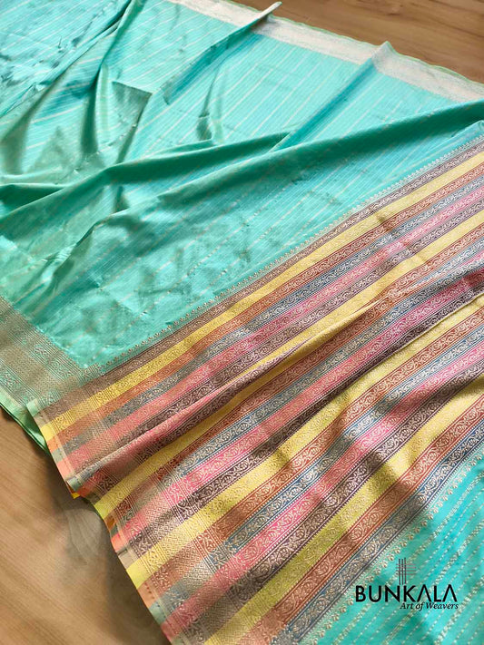 Pastel Greenish Blue Sona Zari Stripes Multi Pallu Kadwa Handweaved Banarasi Pure Katan Silk Saree