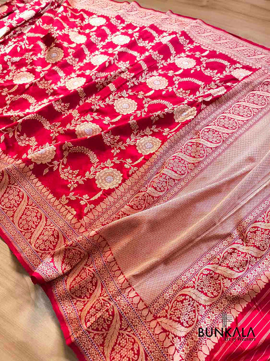 Bridal Red Rose Design Sona Rupa Kadwa Jangla Banarasi Pure Katan Silk Saree