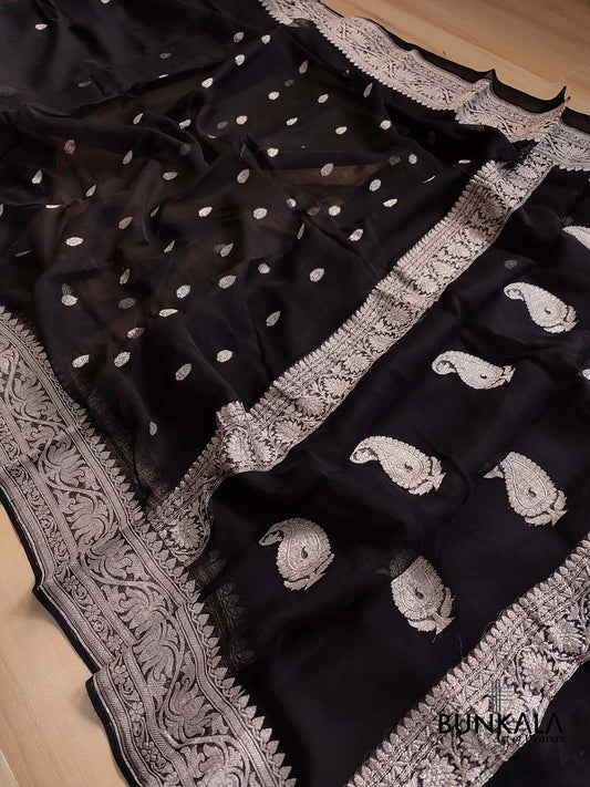 Black Pure Khaddi Chiffon Allover Silver Zari Buti Handloom Banarasi Saree