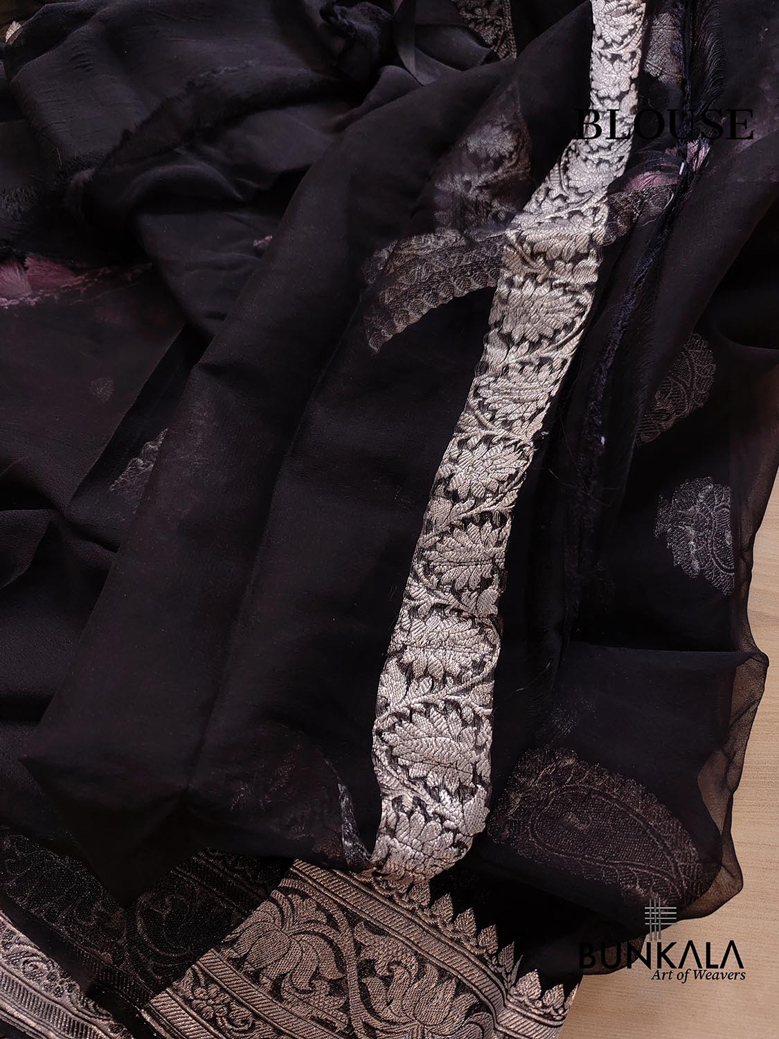 Black Pure Khaddi Chiffon Allover Silver Zari Buti Handloom Banarasi Saree