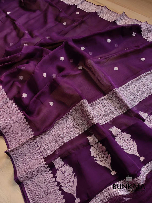 Dark Purple Pure Khaddi Chiffon Allover Silver Zari Buti Handloom Banarasi Saree