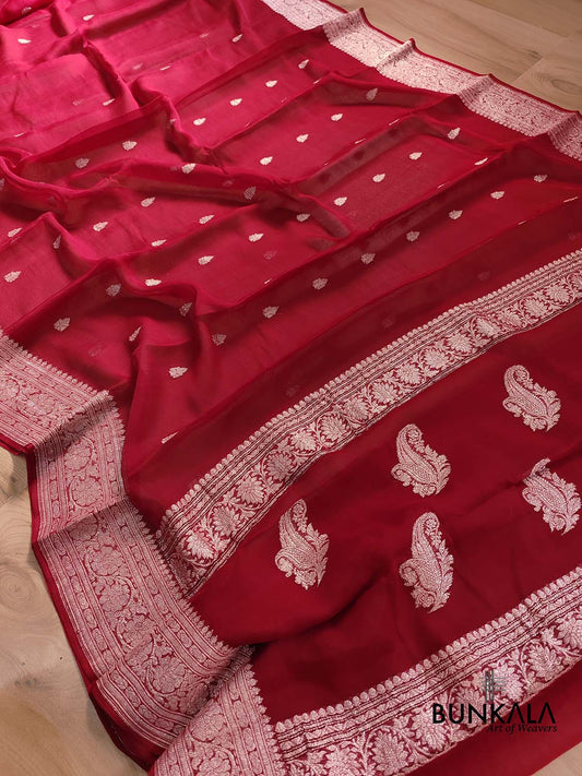 Maroon Pure Khaddi Chiffon Allover Silver Zari Buti Handloom Banarasi Saree