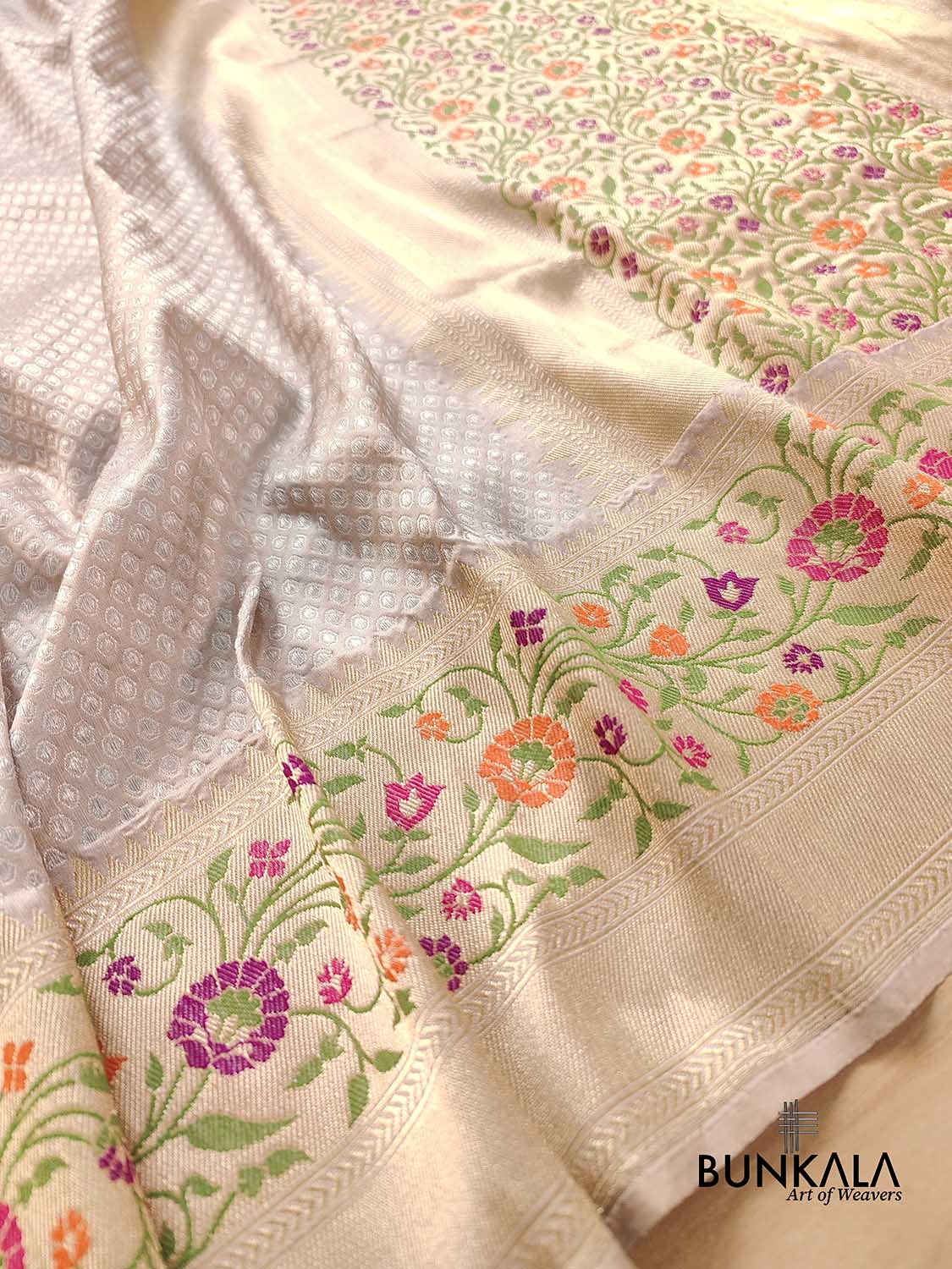 Moonlit Grey Pure Katan Silk Handloom Gold and Silver Zari Banarasi Saree with Meenakari Border