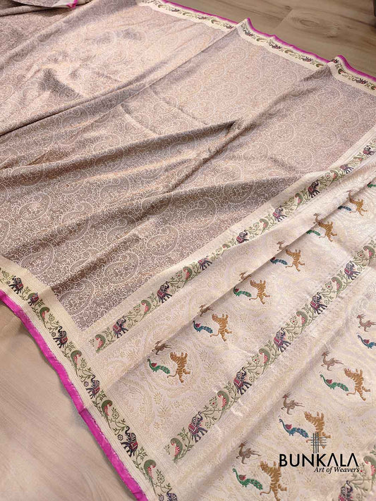 Off White Shikargha Brocade Handloom Banarasi Pure Katan Silk Saree