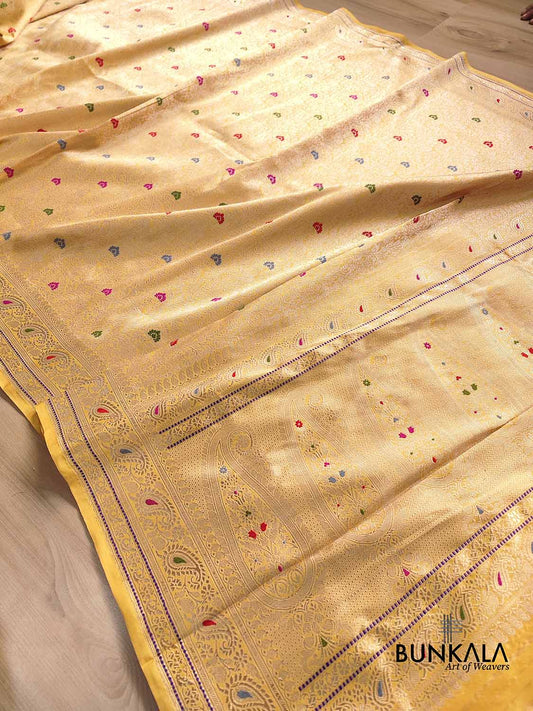 Mustard Yellow Meenakari Brocade Kadwa Handweaved Banarasi Pure Katan Silk Saree