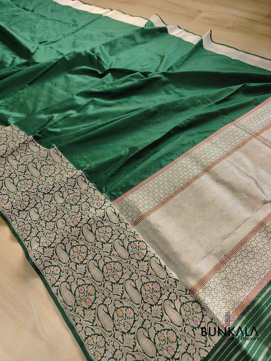 Bottle Green Meenakari Border Plain Handloom Banarasi Pure Katan Silk Saree