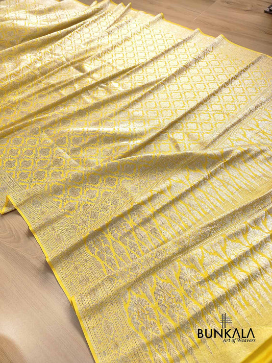 Yellow Brocade Silver Zari Weaved Banarasi Mashru Silk Saree
