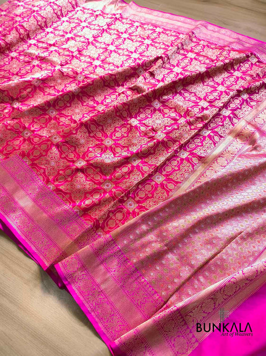 Gulabi Pink Gharchola Meenakari Nakshi Handwoven Banarasi Pure Katan Silk Saree