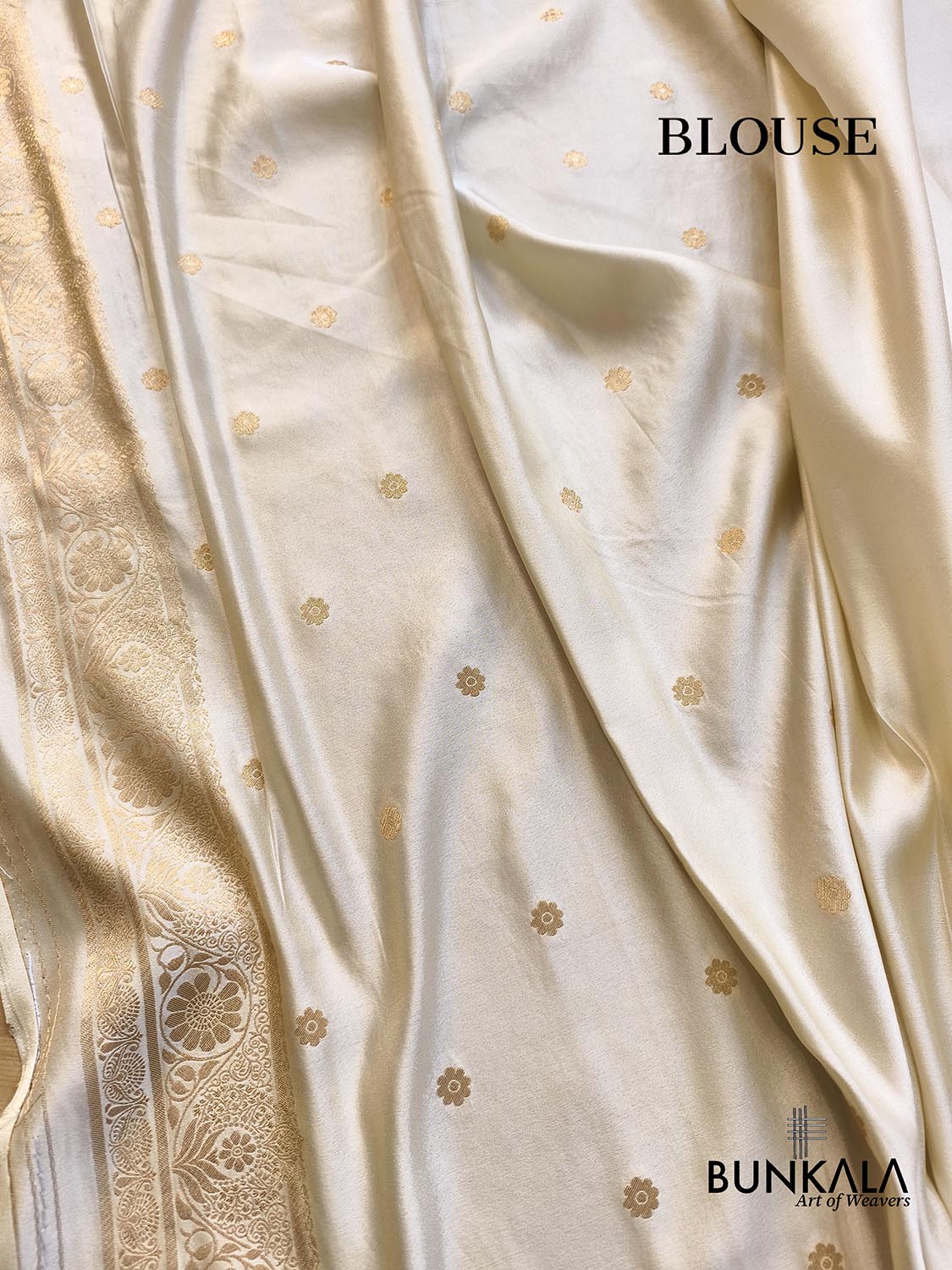 Ivory & Gold Intricate Floral Jaal Weaved Banarasi Mashru Silk Saree