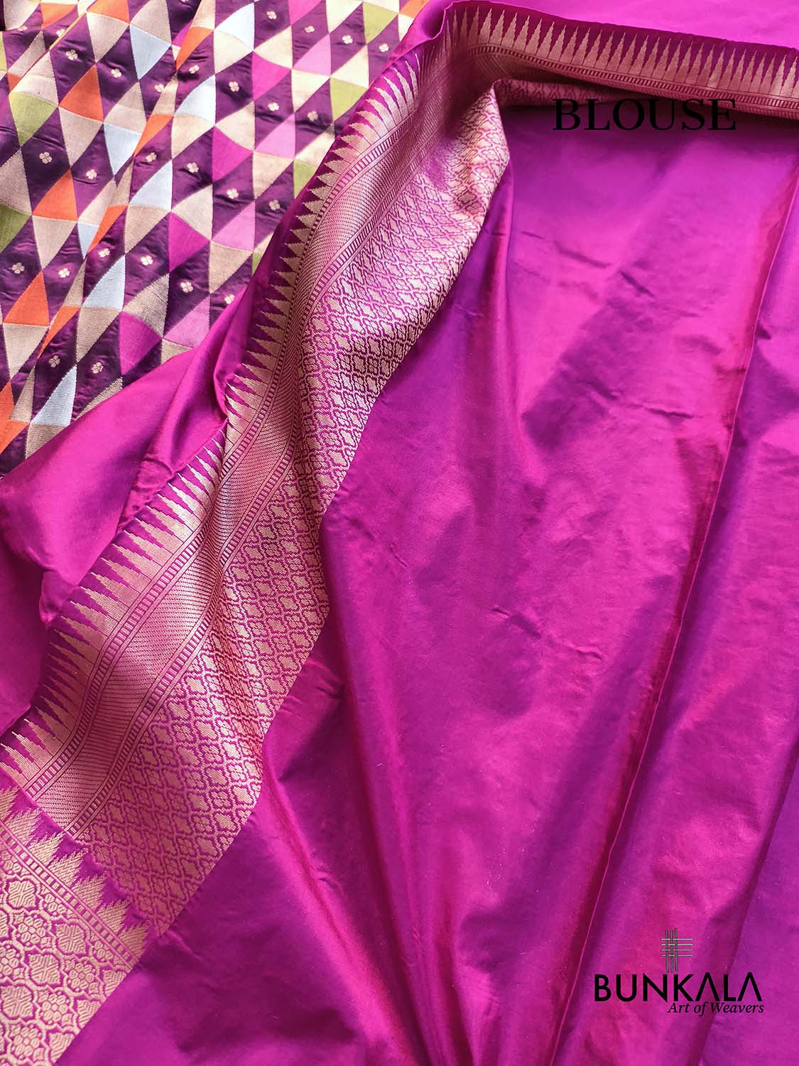 Contemporary Rangkat - Purple Geometric triangle Temple Border Handloom Banarasi Pure Katan Silk Saree